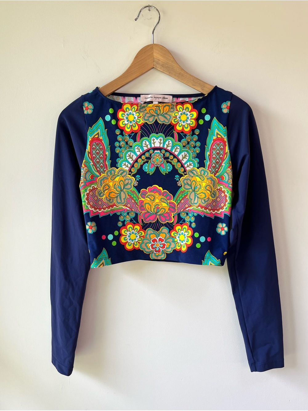 Nanette Lepore Navy Long Sleeve Swim Top With Funky Psychedelic Floral Print